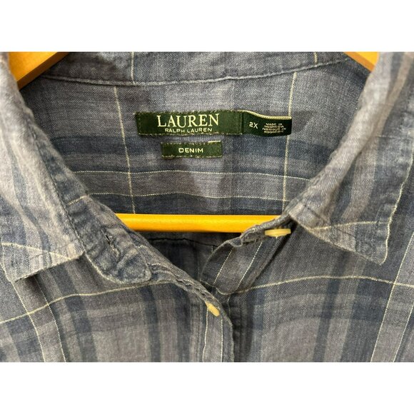 Lauren Ralph Lauren 2X Blue Plaid Linen Shirt Long Sleeve Button-Up Quiet Luxury - Picture 2 of 6